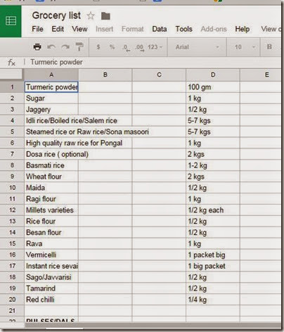 Indian grocery shopping list